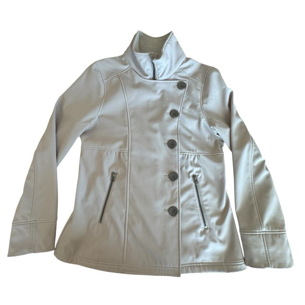 prAna Women’s Large Light Gray Softshell Jacket Fleece Lined Zip Button Pockets